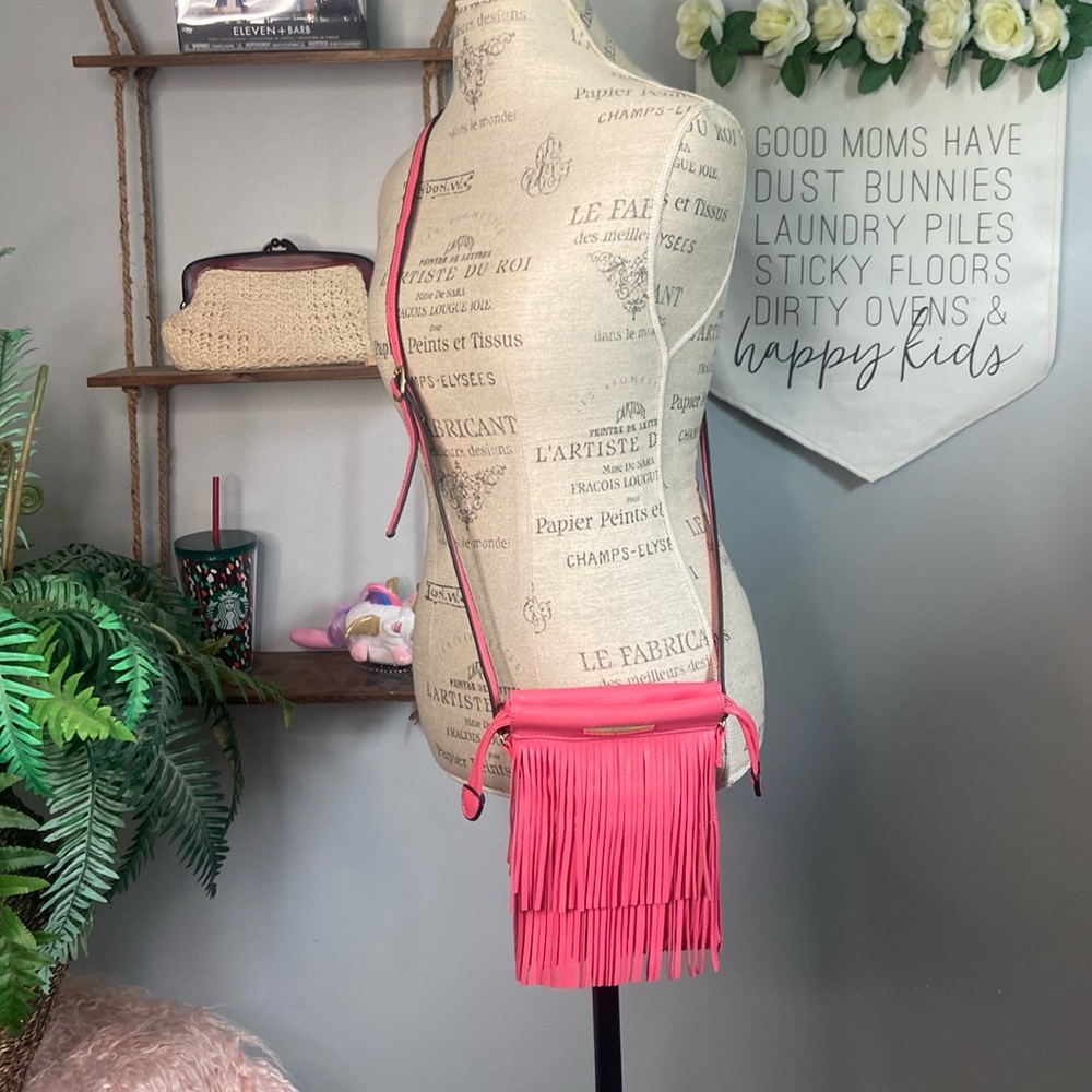 Hot Pink Faux Leather Adjustable Shoulder Bag w/ Fringe